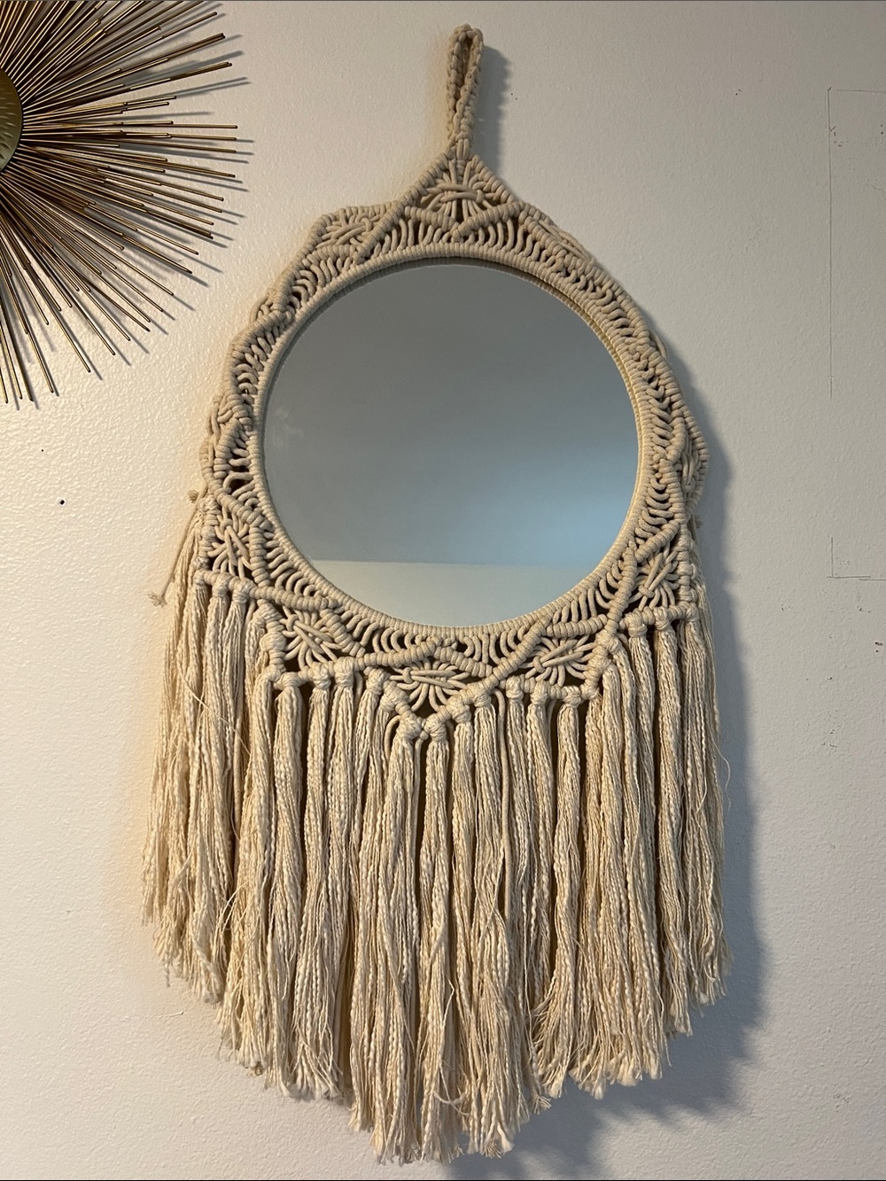 Cost Plus World Market Cream Macramé Fringe Round Mirror
